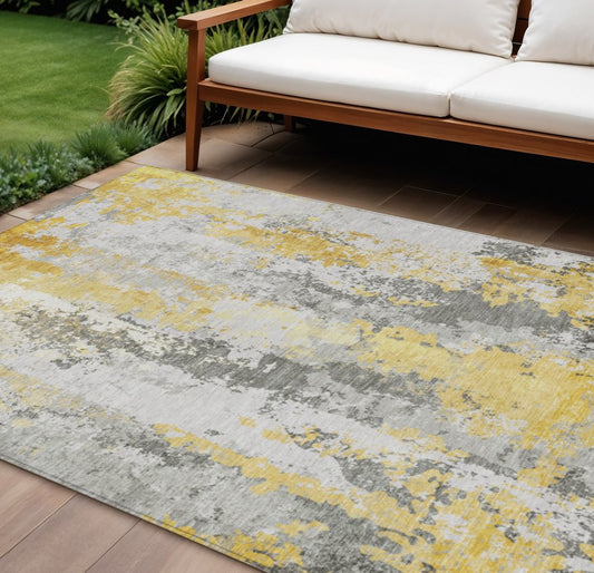 9' X 12' Yellow And Ivory Abstract Washable Indoor Outdoor Area Rug
