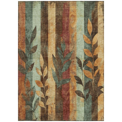 9' X 12' Wheat And Gold Floral Washable Indoor Outdoor Area Rug