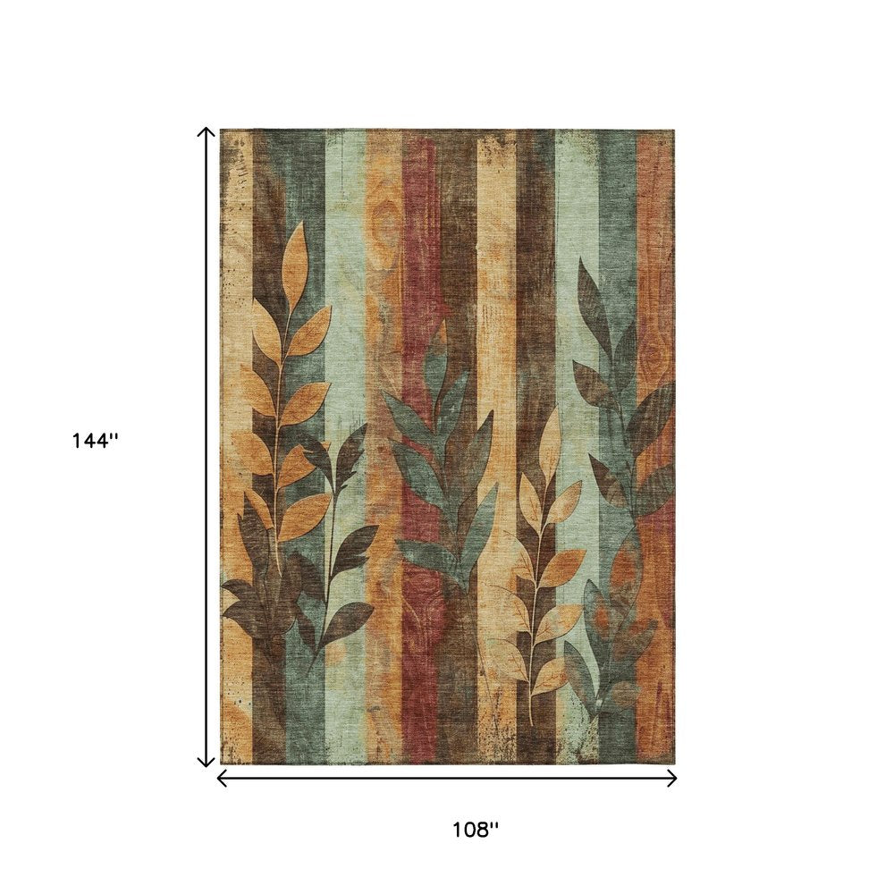 9' X 12' Wheat And Gold Floral Washable Indoor Outdoor Area Rug