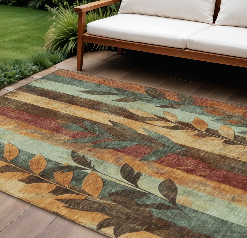 9' X 12' Wheat And Gold Floral Washable Indoor Outdoor Area Rug