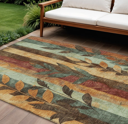 9' X 12' Wheat And Gold Floral Washable Indoor Outdoor Area Rug