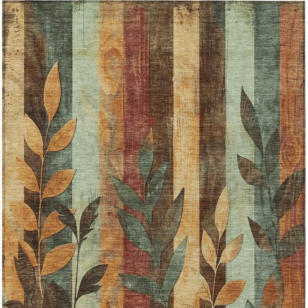 9' X 12' Wheat And Gold Floral Washable Indoor Outdoor Area Rug