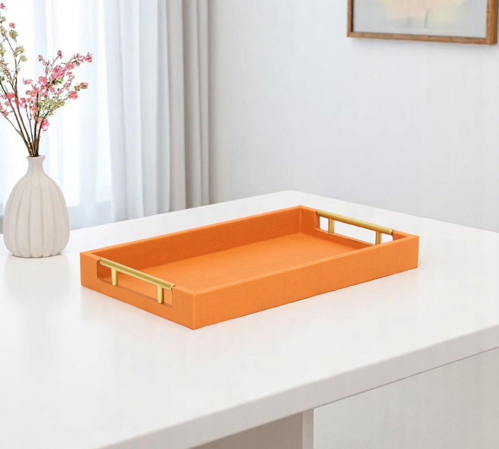 Bandeja para servir de 40 cm de piel sintética naranja y dorada, hecha a mano, con asas