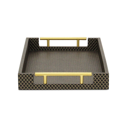 Bandeja para servir hecha a mano con estampado geométrico negro y dorado de 40 cm