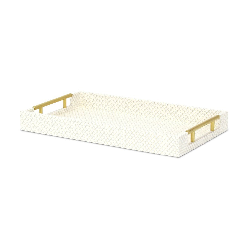Bandeja de servicio de 40,6 cm con estampado geométrico dorado y marfil, hecha a mano, con asas