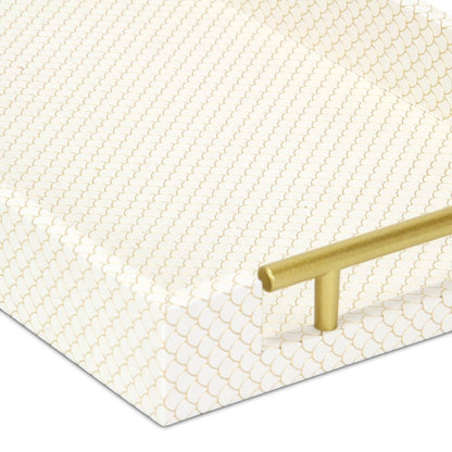 Bandeja de servicio de 40,6 cm con estampado geométrico dorado y marfil, hecha a mano, con asas