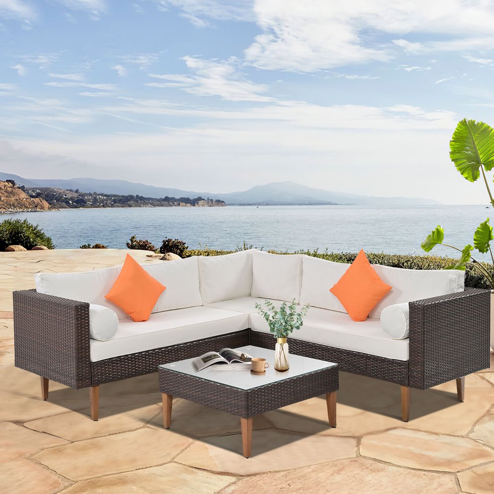 Two Piece Outdoor Beige Wicker Sectional Seating Group with Beige Cushions