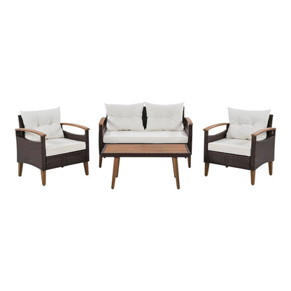 Three Piece Outdoor Beige Rattan Sofa Seating Group with Beige Cushions