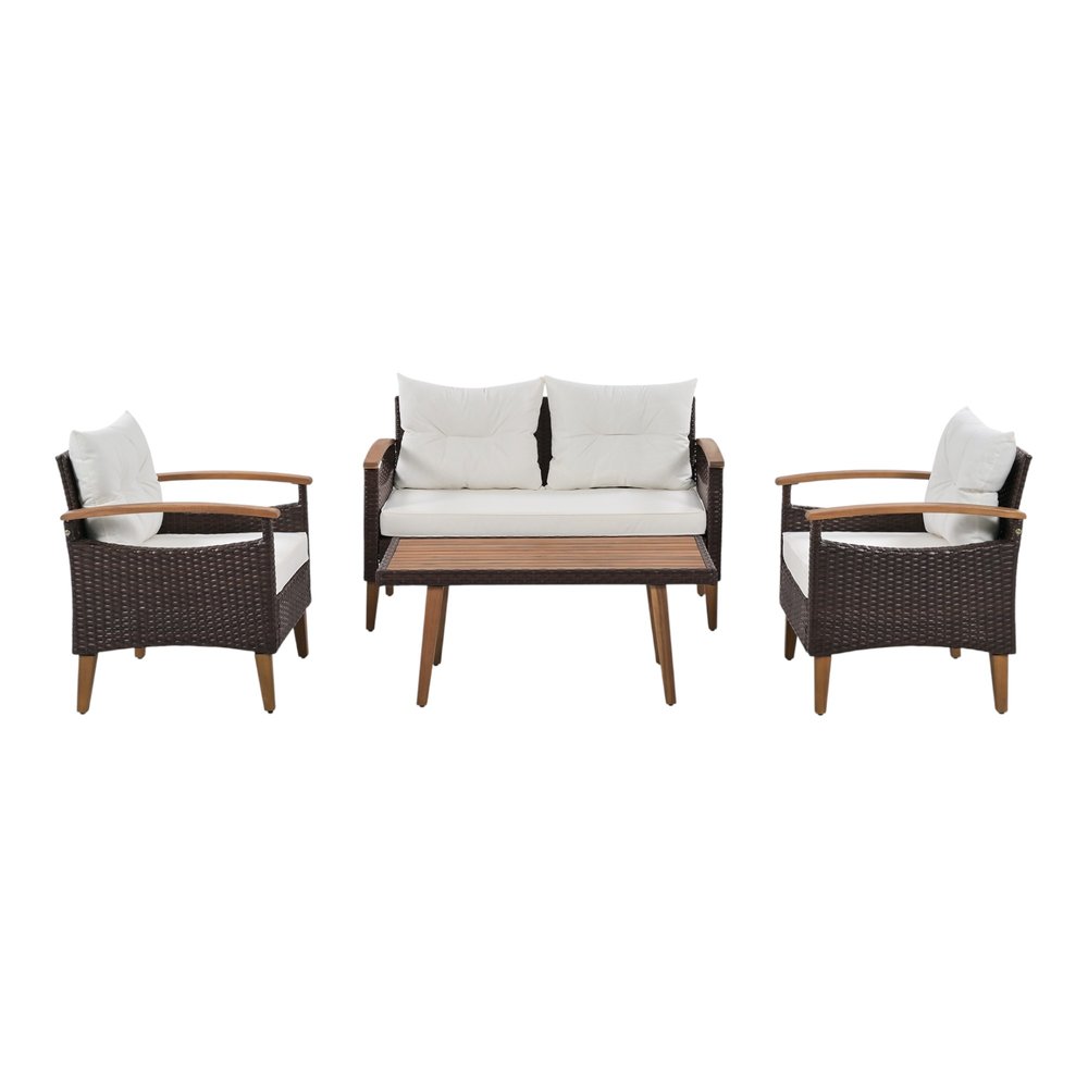 Three Piece Outdoor Beige Rattan Sofa Seating Group with Beige Cushions