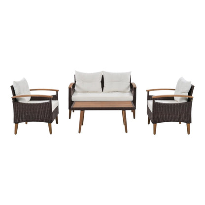 Three Piece Outdoor Beige Rattan Sofa Seating Group with Beige Cushions
