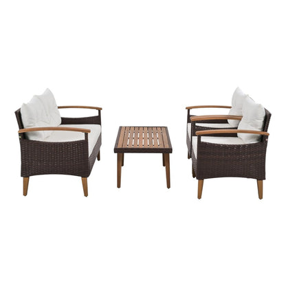 Three Piece Outdoor Beige Rattan Sofa Seating Group with Beige Cushions