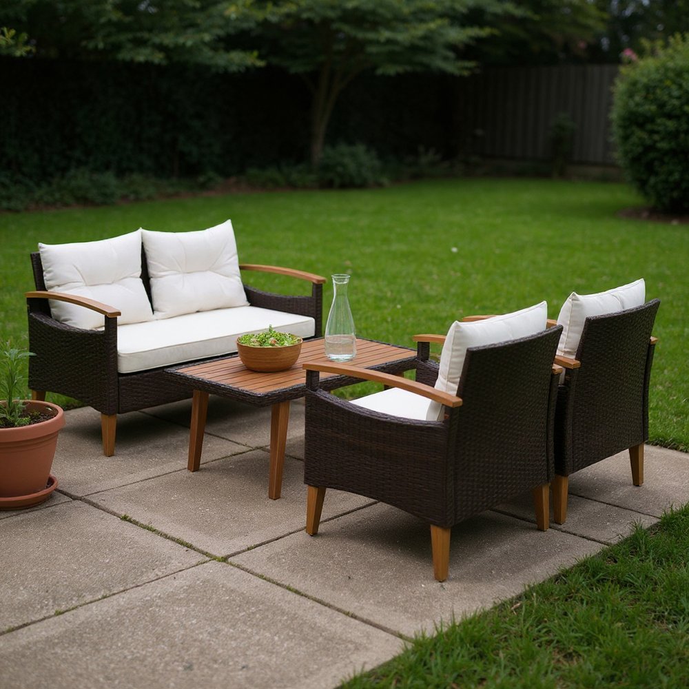 Three Piece Outdoor Beige Rattan Sofa Seating Group with Beige Cushions