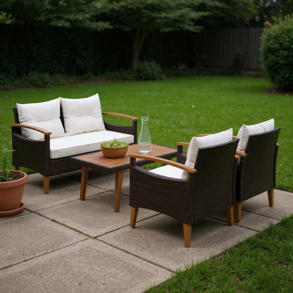 Three Piece Outdoor Beige Rattan Sofa Seating Group with Beige Cushions