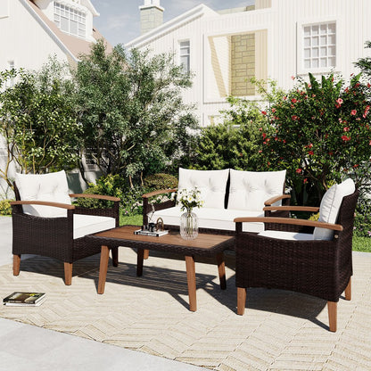 Three Piece Outdoor Beige Rattan Sofa Seating Group with Beige Cushions