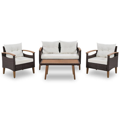 Three Piece Outdoor Beige Rattan Sofa Seating Group with Beige Cushions