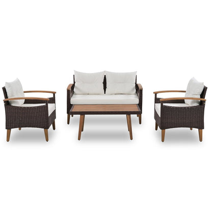 Three Piece Outdoor Beige Rattan Sofa Seating Group with Beige Cushions
