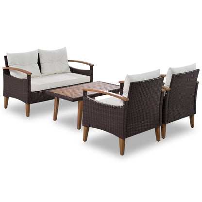 Three Piece Outdoor Beige Rattan Sofa Seating Group with Beige Cushions