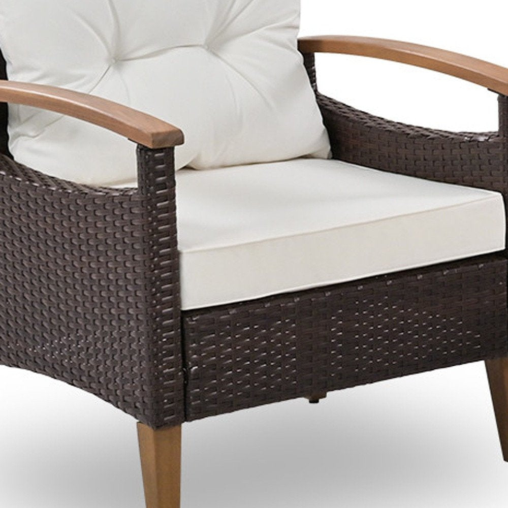 Three Piece Outdoor Beige Rattan Sofa Seating Group with Beige Cushions