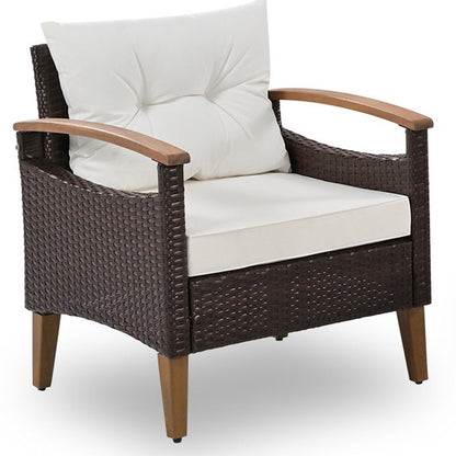 Three Piece Outdoor Beige Rattan Sofa Seating Group with Beige Cushions