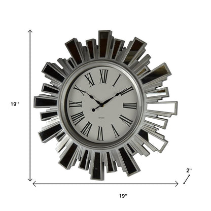 19" Silver And Clear Mirrored Glass And Heavy Duty Plastic Silent Analog Sunburst Wall Clock