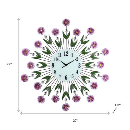 27" Purple Green And White Metal and Glass Silent Analog Floral Round Wall Clock