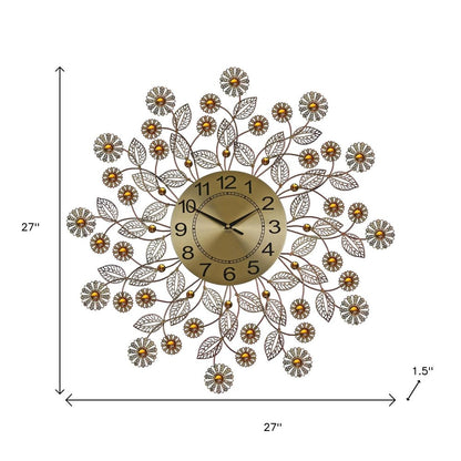27" Gold And Black Metal And Faux Crystal Silent Analog FloralWall Clock