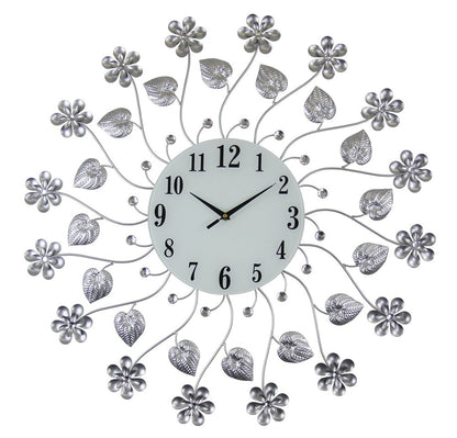 27" Silver White And Black Metal and Glass Silent Analog Floral Round Wall Clock