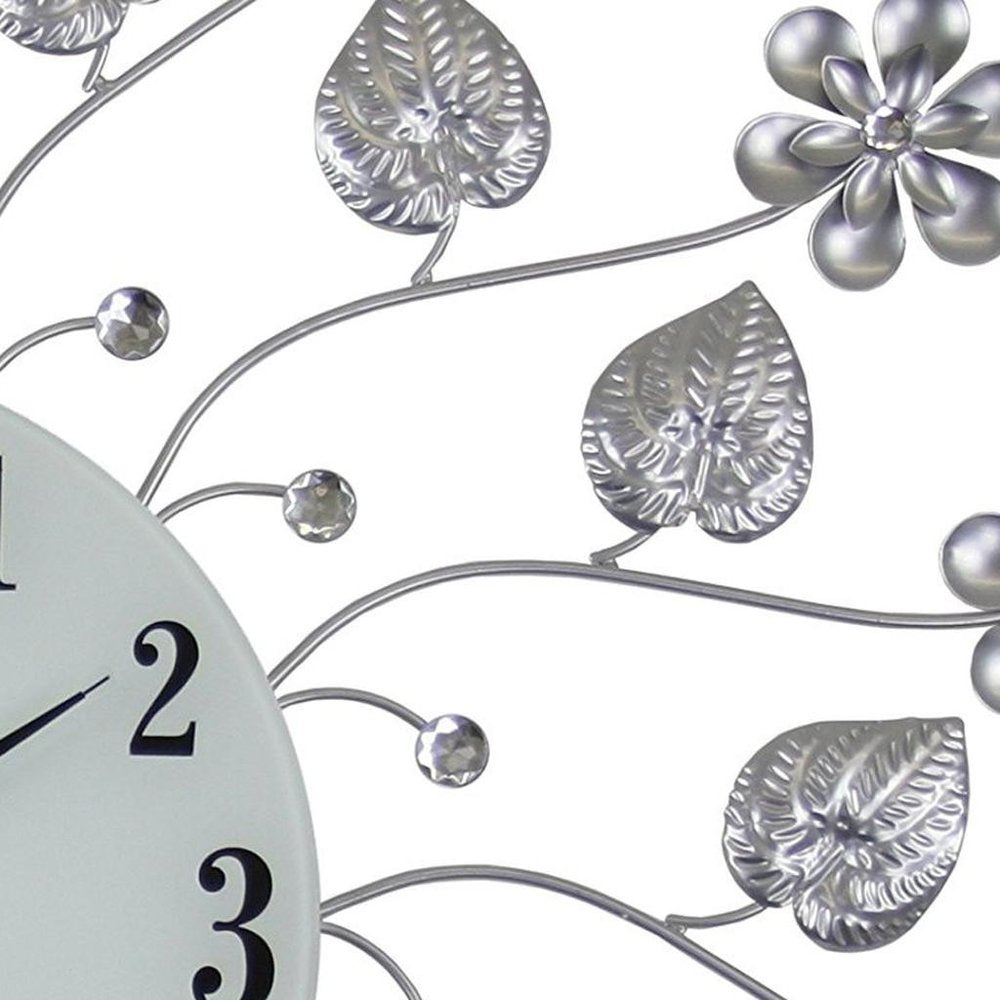27" Silver White And Black Metal and Glass Silent Analog Floral Round Wall Clock