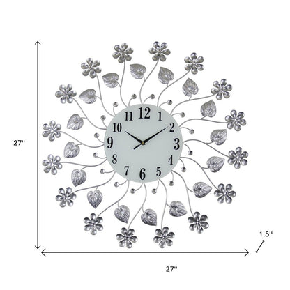 27" Silver White And Black Metal and Glass Silent Analog Floral Round Wall Clock