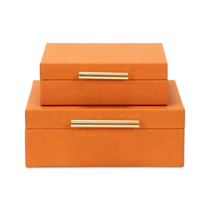 Set Of Two Orange Faux Shagreen Jewelry Boxes With Decorative Hardware