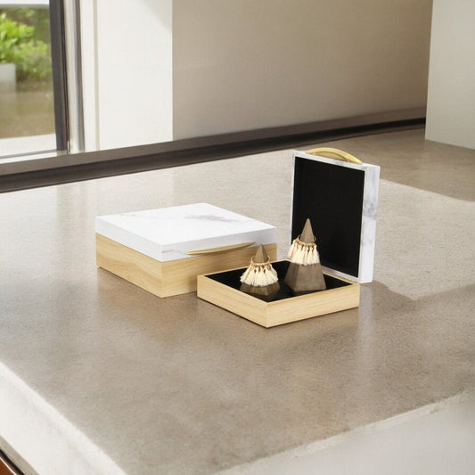 Conjunto de dos joyeros de imitación de mármol y madera natural y blanco