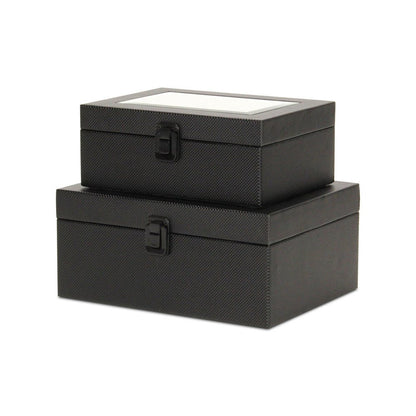 Conjunto de dos joyeros de piel sintética negra y cristal espejado