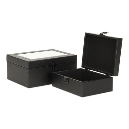 Conjunto de dos joyeros de piel sintética negra y cristal espejado
