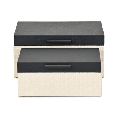 Set Of Two Black And Cream Faux Shagreen And Faux Wicker Jewelry Boxes