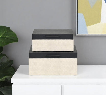 Set Of Two Black And Cream Faux Shagreen And Faux Wicker Jewelry Boxes