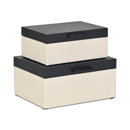 Set Of Two Black And Cream Faux Shagreen And Faux Wicker Jewelry Boxes