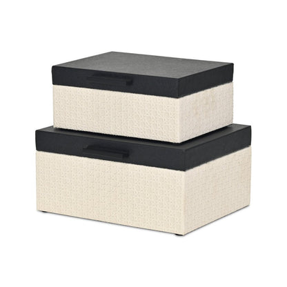 Set Of Two Black And Cream Faux Shagreen And Faux Wicker Jewelry Boxes