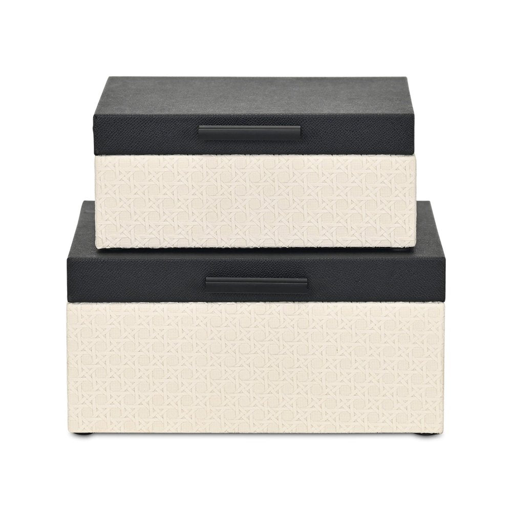 Set Of Two Black And Cream Faux Shagreen And Faux Wicker Jewelry Boxes