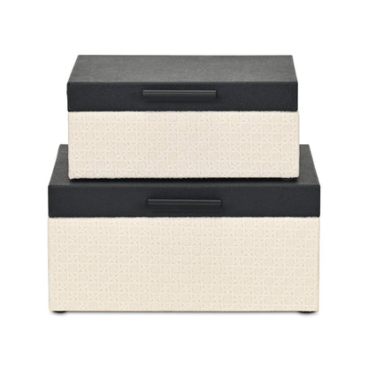 Set Of Two Black And Cream Faux Shagreen And Faux Wicker Jewelry Boxes