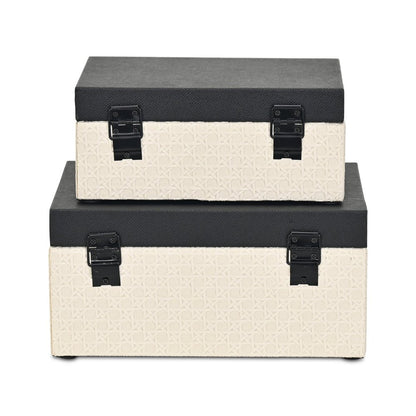 Set Of Two Black And Cream Faux Shagreen And Faux Wicker Jewelry Boxes