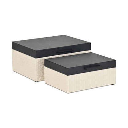 Set Of Two Black And Cream Faux Shagreen And Faux Wicker Jewelry Boxes
