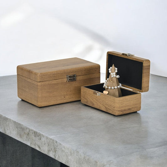 Juego de dos joyeros de madera maciza marrón