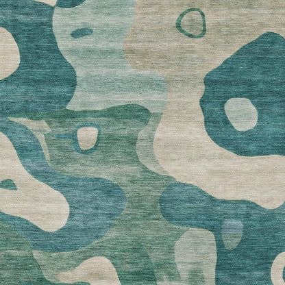 9' X 12' Teal Blue Ivory And Beige Abstract Washable Indoor Outdoor Area Rug