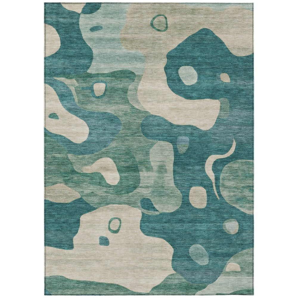9' X 12' Teal Blue Ivory And Beige Abstract Washable Indoor Outdoor Area Rug