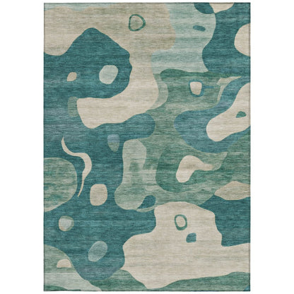 9' X 12' Teal Blue Ivory And Beige Abstract Washable Indoor Outdoor Area Rug