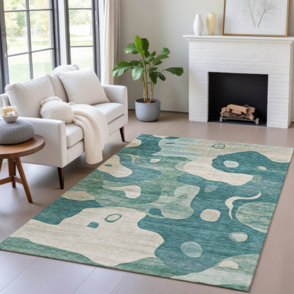 9' X 12' Teal Blue Ivory And Beige Abstract Washable Indoor Outdoor Area Rug