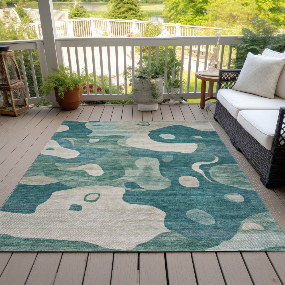 9' X 12' Teal Blue Ivory And Beige Abstract Washable Indoor Outdoor Area Rug