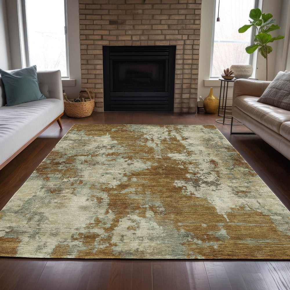 9' X 12' Terra Cotta And Beige Abstract Washable Indoor Outdoor Area Rug