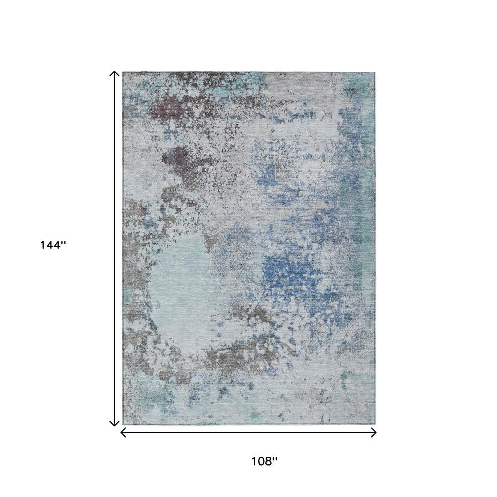 9' X 12' Turquoise Denim Blue And Gray Abstract Washable Indoor Outdoor Area Rug