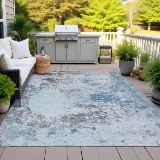9' X 12' Turquoise Denim Blue And Gray Abstract Washable Indoor Outdoor Area Rug